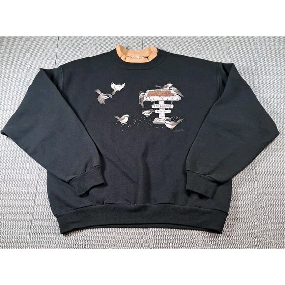 Morning Sun Tops - Vtg Womens Morning Star Feeding Birds Wrens Beaded Sweatshirt M Granny Core